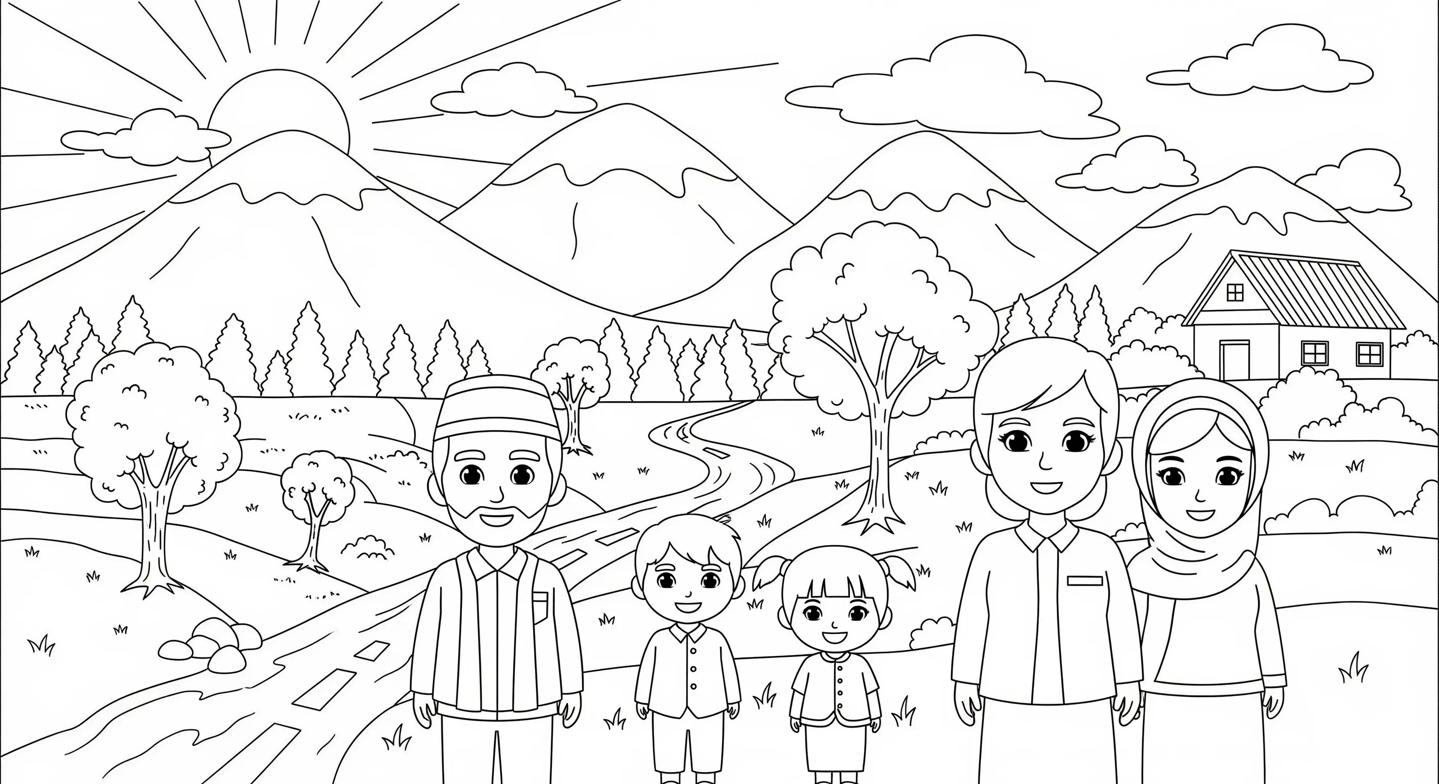 Gambar Gambar Mewarnai Keluargaku Dan Pemandangan Alam siap untuk diwarnai